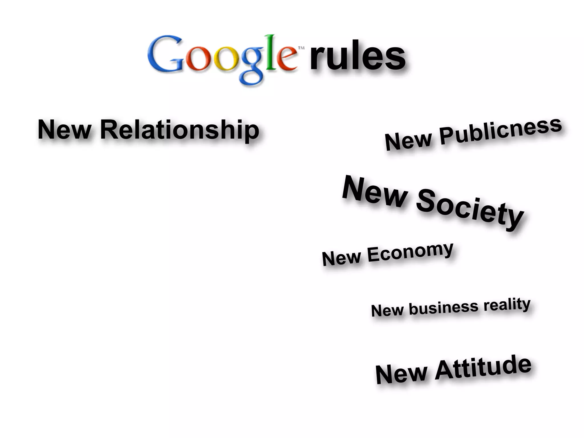 rules
New Relationship         New Pu blicness

                    New So
                                 ciety
                               y
                   N ew Econom

                       New business reality



                        Ne w Attitude
 