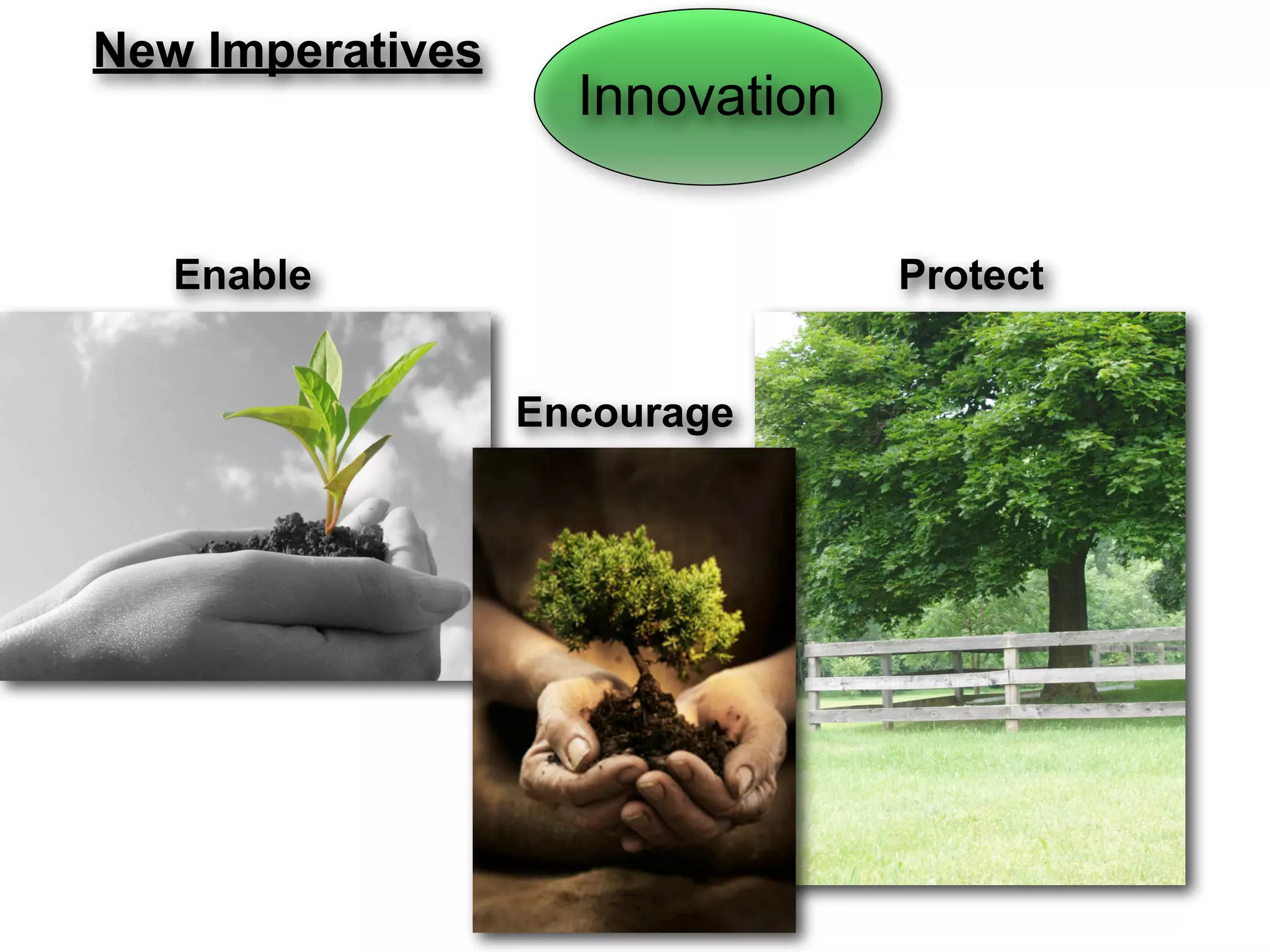 New Imperatives
                    Innovation


   Enable                        Protect


                  Encourage
 