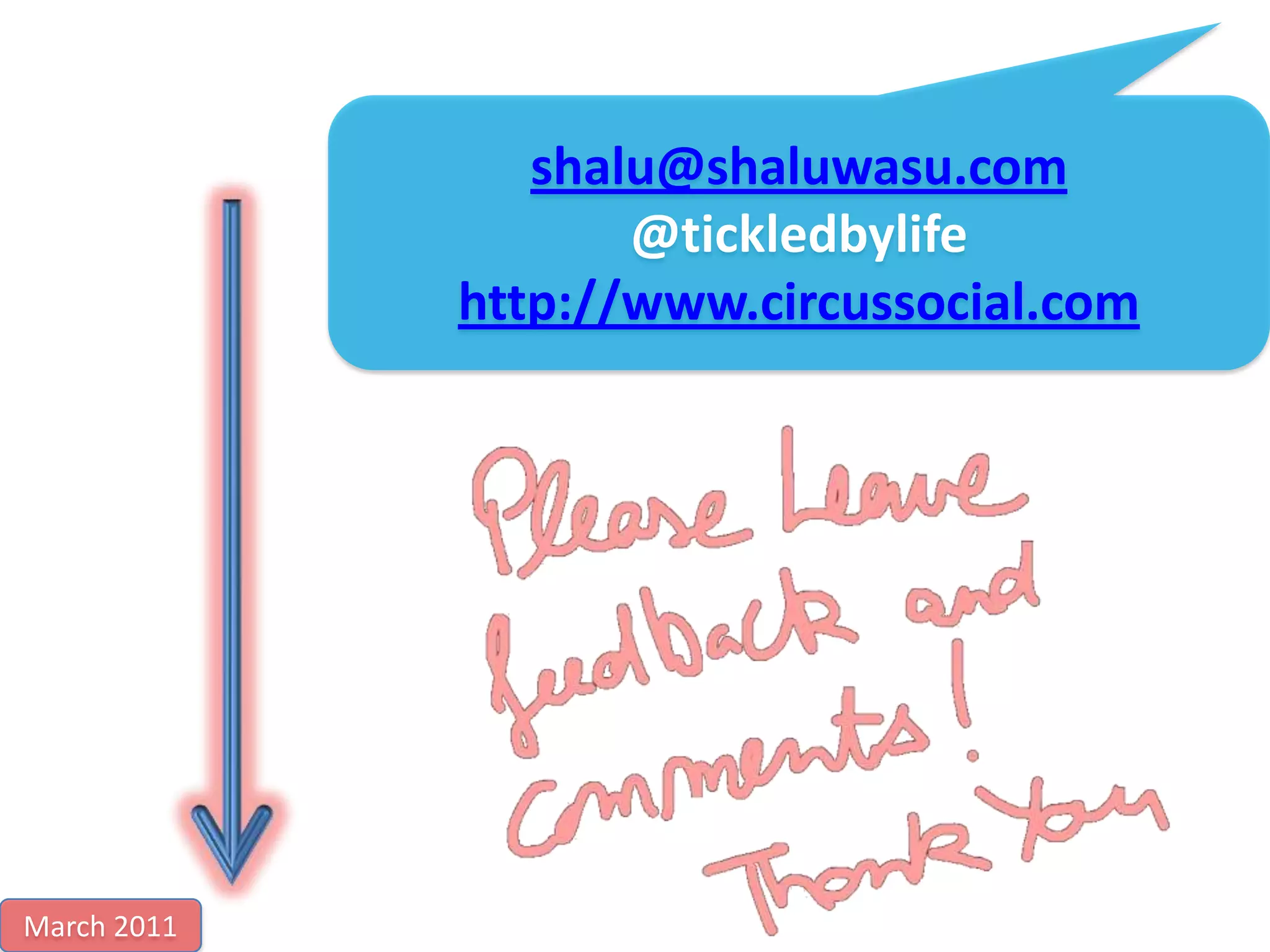shalu@shaluwasu.com
@tickledbylife
http://www.circussocial.com
March 2011
 