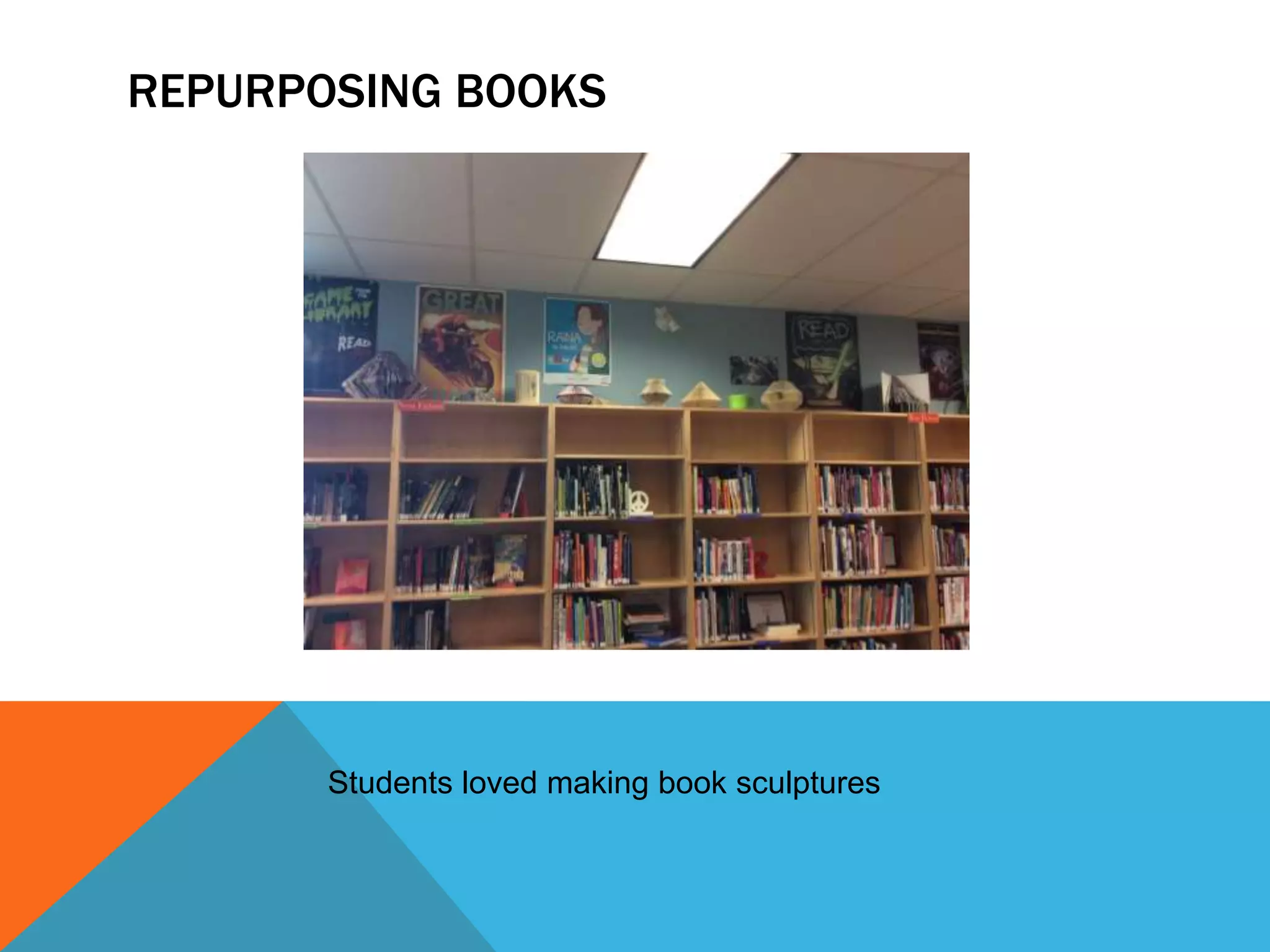 REPURPOSING BOOKS
Students loved making book sculptures
 