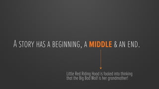A story has a beginning, a middle & an end.

                 Little Red Riding Hood is fooled into thinking
                 that the Big Bad Wolf is her grandmother!
 