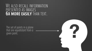 We also recall information
presented as images
6x more easily than text.

The set of points in a plane
that are equidistant from a
given point.
 