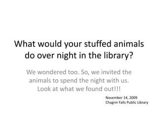 What would your stuffed animals do over night in the library? We wondered too. So, we invited the animals to spend the night with us. Look at what we found out!!! November 14, 2009 Chagrin Falls Public Library 