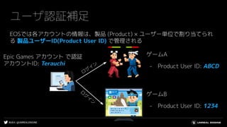 #UE4 | @UNREALENGINE
ユーザ認証補足
EOSでは各アカウントの情報は、製品 (Product) × ユーザー単位で割り当てられ
る 製品ユーザーID(Product User ID) で管理される
ロ
グ
イ
ン
ロ
グ
イ
ン
ゲームA
- Product User ID: ABCD
ゲームB
- Product User ID: 1234
Epic Games アカウント で認証
アカウントID: Terauchi
 