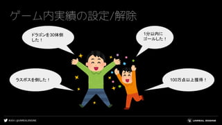 #UE4 | @UNREALENGINE
ゲーム内実績の設定/解除
ドラゴンを30体倒
した！
ラスボスを倒した！ 100万点以上獲得！
1分以内に
ゴールした！
 