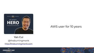 AWS user for 10 years
Yan Cui
http://theburningmonk.com
@theburningmonk
 