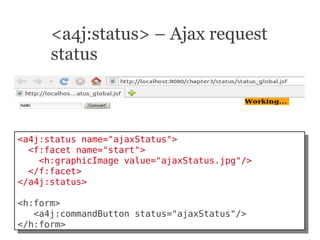 <a4j:status> – Ajax request
      status



<a4j:status name="ajaxStatus">
 <a4j:status name="ajaxStatus">
  <f:facet name...
