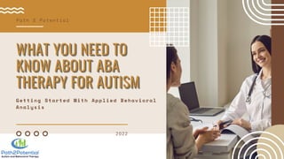 2022
WHAT YOU NEED TO
WHAT YOU NEED TO
WHAT YOU NEED TO
KNOW ABOUT ABA
KNOW ABOUT ABA
KNOW ABOUT ABA
THERAPY FOR AUTISM
THERAPY FOR AUTISM
THERAPY FOR AUTISM
Path 2 Potential
Getting Started With Applied Behavioral
Analysis
 