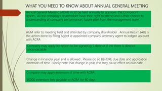 WHAT YOU NEED TO KNOW ABOUT ANNUAL GENERAL MEETING
Annual General Meeting (AGM) must be held annually to approve the Company's
report . All the company's shareholder have their right to attend and is their chance to
understanding of company performance , future plan from the management team
AGM refer to meeting held and attended by company shareholder . Annual Return (AR) is
the action done by Filing Agent ie appointed company secretary agent to lodged account
with ACRA
Company may apply for report to be signed by 1 director if the there is director
uncontactable
Change in Financial year end is allowed . Please do so BEFORE due date and application
extension of time . Kindly note that change in year end may cause effect on due date
Company may apply extension of time with ACRA .
S$200 extension fees payable to ACRA for 60 days
 