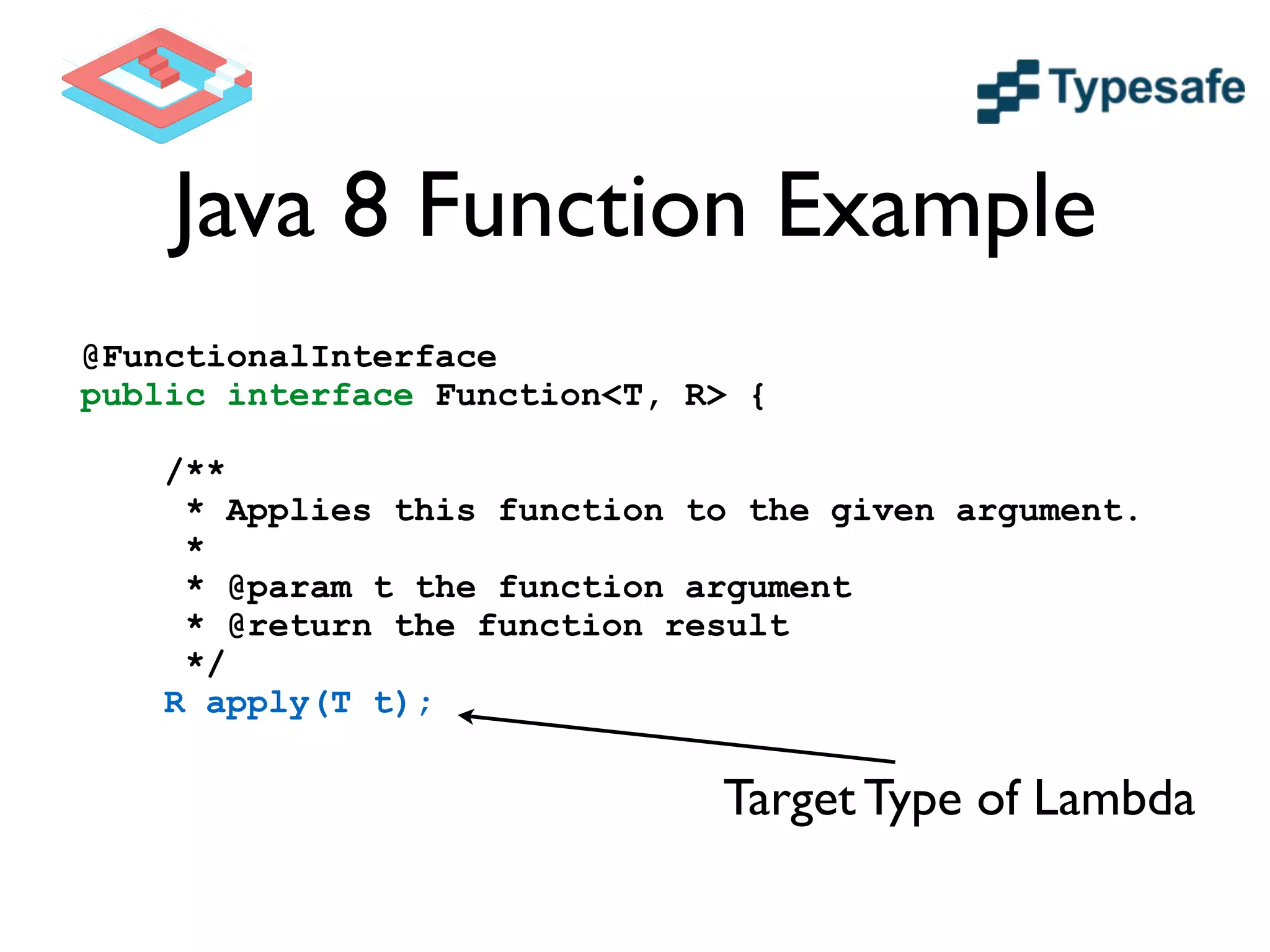 Java 8 Function Example
@FunctionalInterface
public interface Function<T, R> {
!
/**
* Applies this function to the given argument.
*
* @param t the function argument
* @return the function result
*/
R apply(T t);
Target Type of Lambda	

 