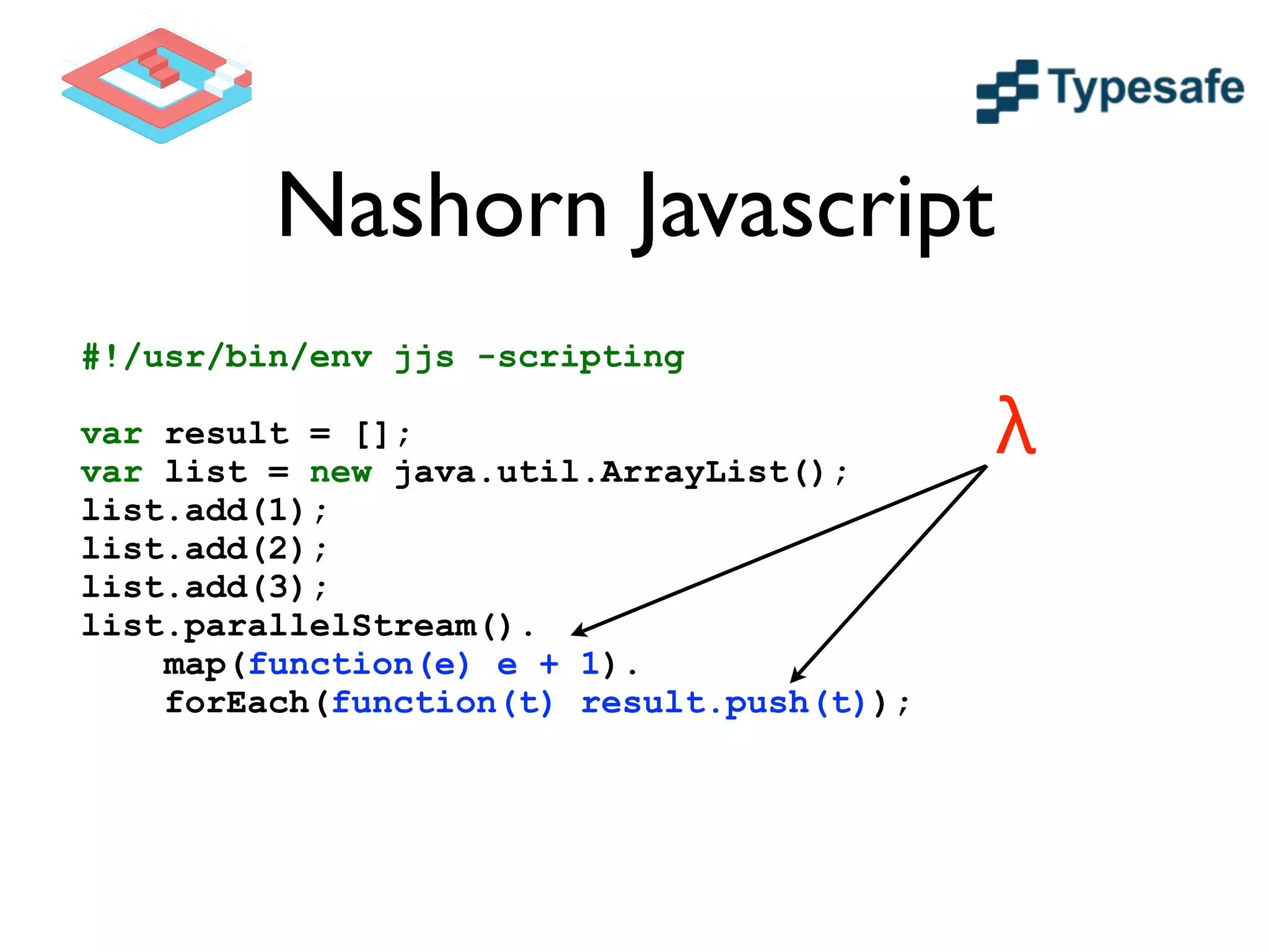 Nashorn Javascript
#!/usr/bin/env jjs -scripting
!
var result = [];
var list = new java.util.ArrayList();
list.add(1);
list.add(2);
list.add(3);
list.parallelStream().
map(function(e) e + 1).
forEach(function(t) result.push(t));
λ
 