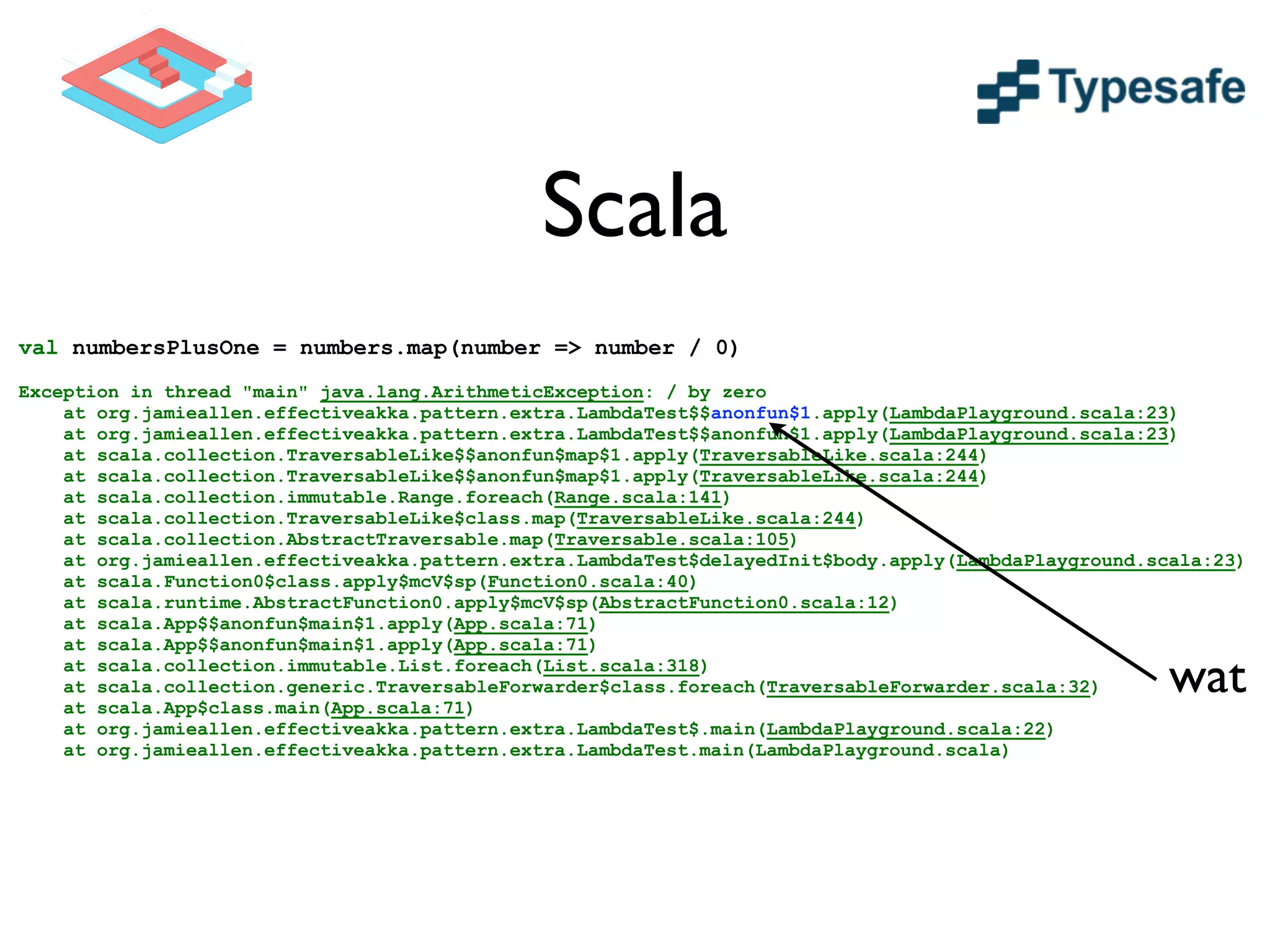 Scala
val numbersPlusOne = numbers.map(number => number / 0)
!
Exception in thread "main" java.lang.ArithmeticException: / by zero
at org.jamieallen.effectiveakka.pattern.extra.LambdaTest$$anonfun$1.apply(LambdaPlayground.scala:23)
at org.jamieallen.effectiveakka.pattern.extra.LambdaTest$$anonfun$1.apply(LambdaPlayground.scala:23)
at scala.collection.TraversableLike$$anonfun$map$1.apply(TraversableLike.scala:244)
at scala.collection.TraversableLike$$anonfun$map$1.apply(TraversableLike.scala:244)
at scala.collection.immutable.Range.foreach(Range.scala:141)
at scala.collection.TraversableLike$class.map(TraversableLike.scala:244)
at scala.collection.AbstractTraversable.map(Traversable.scala:105)
at org.jamieallen.effectiveakka.pattern.extra.LambdaTest$delayedInit$body.apply(LambdaPlayground.scala:23)
at scala.Function0$class.apply$mcV$sp(Function0.scala:40)
at scala.runtime.AbstractFunction0.apply$mcV$sp(AbstractFunction0.scala:12)
at scala.App$$anonfun$main$1.apply(App.scala:71)
at scala.App$$anonfun$main$1.apply(App.scala:71)
at scala.collection.immutable.List.foreach(List.scala:318)
at scala.collection.generic.TraversableForwarder$class.foreach(TraversableForwarder.scala:32)
at scala.App$class.main(App.scala:71)
at org.jamieallen.effectiveakka.pattern.extra.LambdaTest$.main(LambdaPlayground.scala:22)
at org.jamieallen.effectiveakka.pattern.extra.LambdaTest.main(LambdaPlayground.scala)
wat
 
