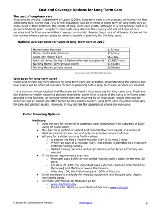 Cost and Coverage Options for Long-Term Care

The cost of long-term care
According to the U.S. Department of Labor (2008), long-term care is the greatest uninsured risk that
Americans face. Given that 70% of the population will be in need of some form of long-term care at
some point in their lifetimes, the reality of long-term care exists; although it is not typically part of a
person’s financial plan. Long-term care costs vary all over the country and not all types of care
services and facilities are available in every community. Researching costs of all levels of care within
the market where a person plans to retire is helpful in planning for the long-term.

    National average costs for types of long-term care in 2010

                  Homemaker Services                                                 $18/hour
                  Home Health Aide Services                                          $19/hour
                  Adult Day Health Care                                              $60/day
                  Assisted Living Facility (1 bedroom/single occupancy)              $3,185/month
                  Nursing Home (semi-private room)                                   $185/day
                  Nursing Home (private room)                                        $206/day
                                                 Source: Genworth 2010 Cost of Care Survey


Who pays for long-term care?
Public and private payment options for long-term care are available. Understanding the options and
how assets will be affected provides for better planning before long-term care services are needed.

It is a common misconception that Medicare and health insurance pay for long-term care. Medicare
and traditional health insurance policies essentially cover little to none of the costs of in-home care,
assisted living facilities, or nursing homes that are incurred by an individual. People who pay for
expenses out-of-pocket are often forced to lose assets quickly. Long-term care insurance helps pay
for care and protect assets. However, it may not be the appropriate choice for everyone.


         Public Financing Options:

                  Medicare
                     Does not pay for personal or custodial care (assistance with Activities of Daily
                        Living or Supervision).
                     May pay for a portion of skilled and rehabilitative care needs, if a series of
                        strict requirements are met and only for a limited amount of time.
                     Will pay for a skilled nursing facility when:
                            o A person has had a recent hospital stay of at least 3 days
                            o Within 30 days of a hospital stay, that person is admitted to a Medicare-
                                certified nursing facility.
                            o Skilled nursing services and/or physical or other types of therapy are
                                needed.
                     If the above requirements are met:
                            o Medicare pays 100% of the skilled nursing facility costs for the first 20
                                days.
                            o For days 21-100, the individual pays a portion (amount determined by
                                 Medicare) and Medicare covers the balance.
                            o After day 100, the individual pays 100% of the cost.
                     Other coverage is available for medical equipment and hospice care. Again,
                        restrictions apply.
                     For more information on Medicare go to:
                            o www.medicare.gov
                            o Centers for Medicare and Medicaid Services www.cms.gov




© Society of Certified Senior Advisors               www.csa.us                                            6
 