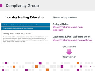 Compliancy Group
1
Please ask questions
Todays Slides
http://compliancy-group.com/
slides023
Upcoming & Past webinars go to:
http://compliancy-group.com/webinar/
Get Involved
#cgwebinar
Industry leading Education
 