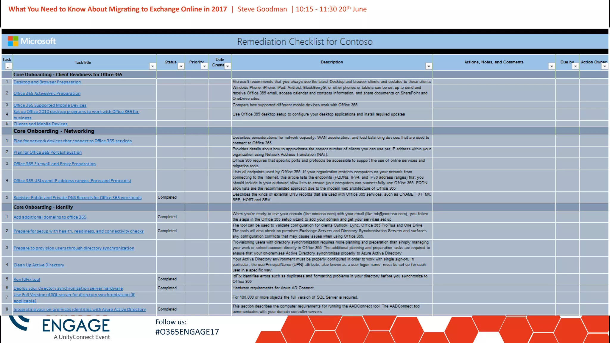 37
Slide
37
What You Need to Know About Migrating to Exchange Online in 2017 | Steve Goodman | 10:15 - 11:30 20th June
Follow us:
#O365ENGAGE17
 