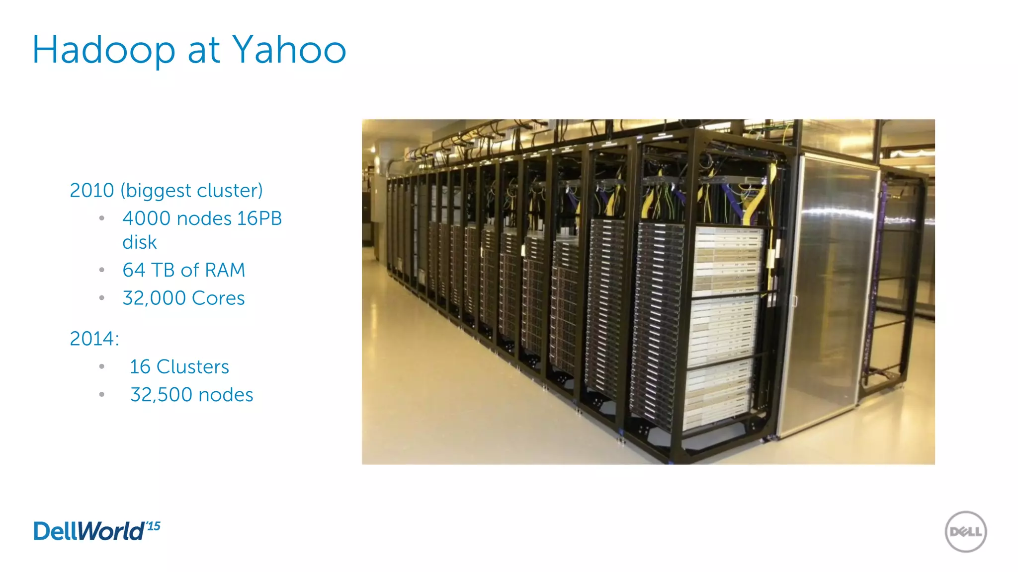 Hadoop at Yahoo
2010 (biggest cluster)
• 4000 nodes 16PB
disk
• 64 TB of RAM
• 32,000 Cores
2014:
• 16 Clusters
• 32,500 nodes
 