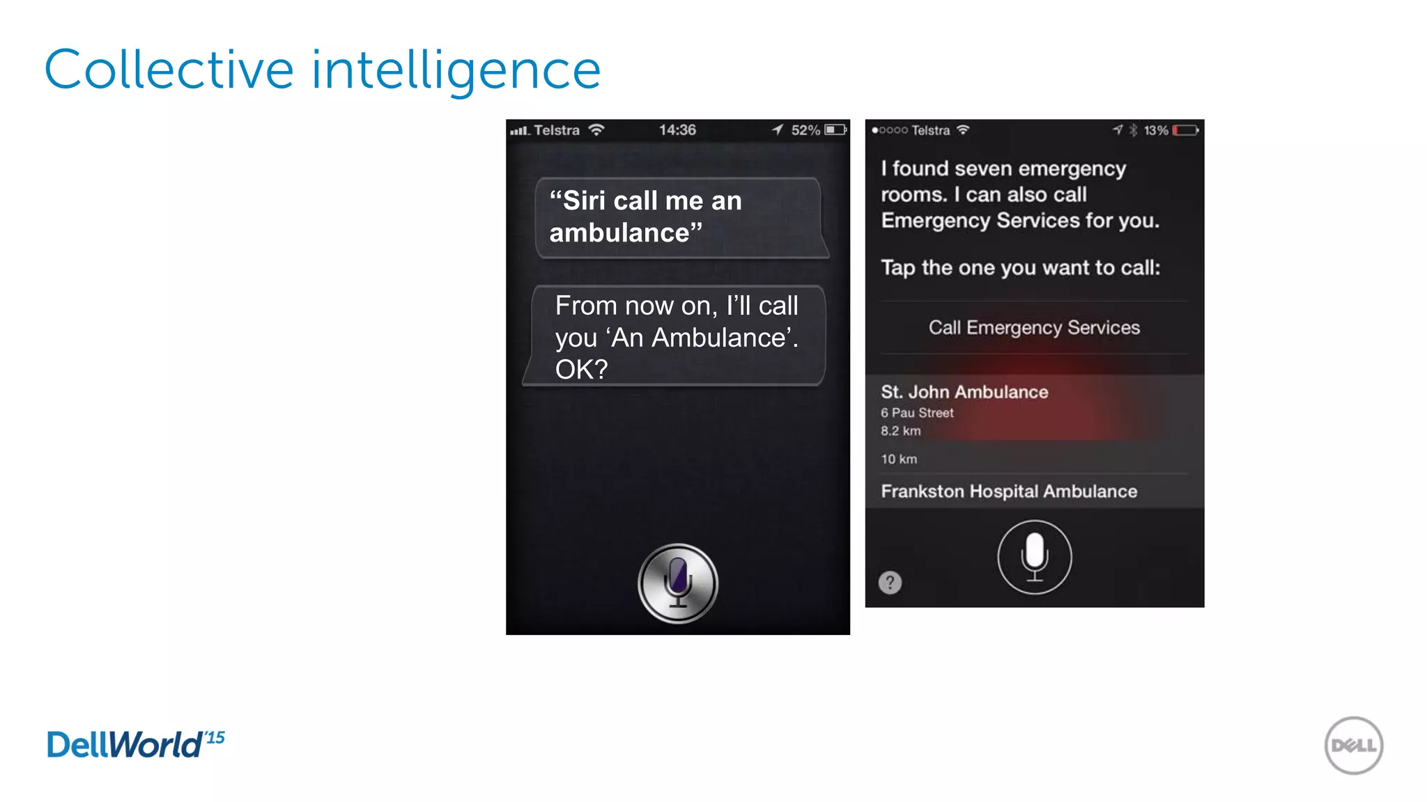 Collective intelligence
From now on, I’ll call
you ‘An Ambulance’.
OK?
“Siri call me an
ambulance”
 
