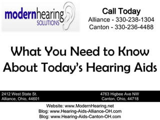 Call Today
                                          Alliance - 330-238-1304
                                          Canton - 330-236-4488



 What You Need to Know
About Today’s Hearing Aids
2412 West State St.                             4763 Higbee Ave NW
Alliance, Ohio, 44601                            Canton, Ohio, 44718
                        Website: www.ModernHearing.net
                    Blog: www.Hearing-Aids-Alliance-OH.com
                    Blog: www.Hearing-Aids-Canton-OH.com
 