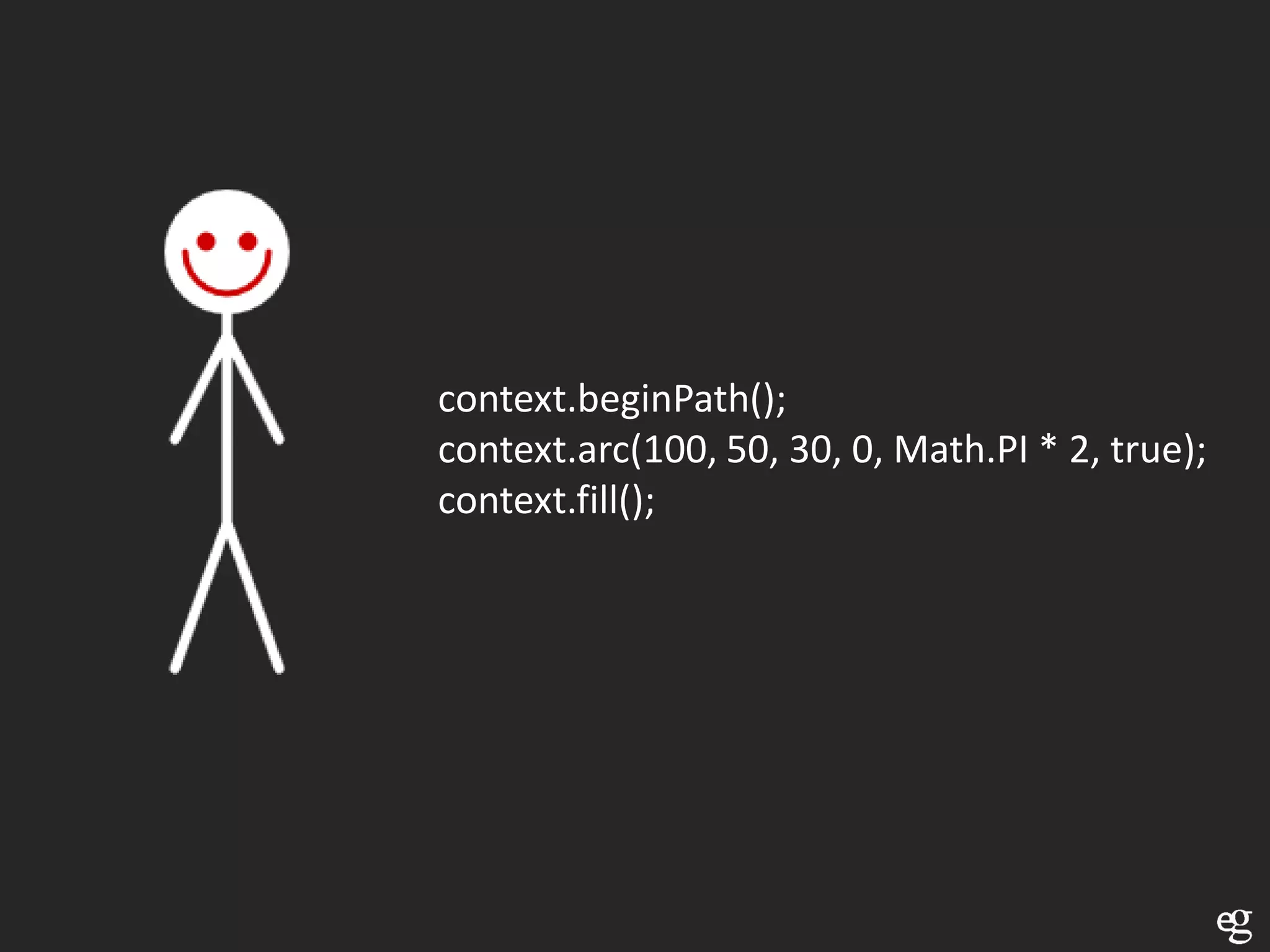 context.beginPath();
context.arc(100, 50, 30, 0, Math.PI * 2, true);
context.fill();
 