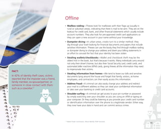 Offline
•

•

In 42% of identity theft cases, victims
reported that the imposter was a friend,
family member, ex-spouse/partner, or
someone in close contact with them
such as a coworker.17

	Dumpster diving—In urban areas, crooks turn to a similar method: they
dig through your trash looking for financial documents and papers that include
sensitive information. Thieves can use the booty they find through mailbox raiding
or dumpster diving to change your address and divert your billing statements in
an effort to conceal the fact that your identity has been stolen.

•

FACT:

	Mailbox raiding—Thieves look for mailboxes with their flags up (usually in
rural or suburban areas), indicating that there is mail to be sent. They are on the
lookout for credit card, bank, and other financial statements which usually include
account numbers. They also look for pre-approved credit card applications so
they can open a new account in your name without your knowledge.

	Stealing wallets/checkbooks—Wallet and checkbook theft may be the
oldest trick in the book, but that’s because it works. Many individuals carry around
not only their driver’s license, but also their Social Security card, credit cards, and
automated teller machine (ATM) cards, giving thieves all the information they need
to impersonate their victims.

•

	Stealing information from homes—We tend to leave our bills and sensitive
documents lying around the house and forget that family, visitors, at-home
employees, and contractors can then easily access this information.

•

	Address fraud—A criminal can also easily change your address and redirect
your mail to a different address so they can steal your confidential information
or take over your banking or credit card accounts.

•

	Shoulder surfing—A criminal can get access to your pin number or password
by simply watching over your shoulder as you are using an ATM or typing on
your computer. Or they could be listening as you provide your credit card number
or identification information over the phone to a legitimate vendor. Either way,
they now have your data in hand and can commit serious crimes.

17

Federal Trade Commission, About Identity Theft microsite

15

 