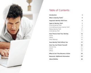Table of Contents
Introduction	

3

What is Identity Theft?	

4

Important Identity Theft Facts	

6

Types of Identity Theft	
Financial Identity Theft 	
Criminal/Impersonation Identity Theft 	
Medical Identity Theft 	
Child Identity Theft 	

7	
8
9
10
11

How Thieves Steal Your Identity	
Online 		
Offline 		
Other Methods 	

12	
13
15
16

How Identity Theft Affects You	

17

How You Can Protect Yourself	
General Tips 	
Online 		
Offline 		

20	
21
22
23

What to Do if You Become a Victim	

24

Resources: Additional Information	

	

	

25

About McAfee 	

	

	

26

	

	

 