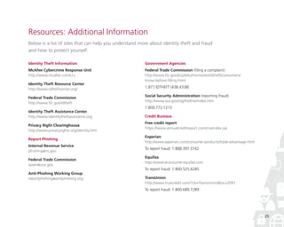 Resources: Additional Information
Below is a list of sites that can help you understand more about identity theft and fraud
and how to protect yourself.
Identity Theft Information

Government Agencies

McAfee Cybercrime Response Unit
http://www.mcafee.com/cru

Federal Trade Commission (filing a complaint)
http://www.ftc.gov/bcp/edu/microsites/idtheft/consumers/
know-before-filling.html

Identity Theft Resource Center	
http://www.idtheftcenter.org/
Federal Trade Commission	
http://www.ftc.gov/idtheft
Identity Theft Assistance Center	
http://www.identitytheftassistance.org
Privacy Right Clearinghouse
http://www.privacyrights.org/identity.htm
Report Phishing
Internal Revenue Service	
phishing@irs.gov
Federal Trade Commission	
spam@uce.gov
Anti-Phishing Working Group
reportphishing@antiphishing.org

1.877.IDTHEFT (438.4338)
Social Security Administration (reporting fraud)
http://www.ssa.gov/oig/hotline/index.htm
1.800.772.1213
Credit Bureaus
Free credit report	
https://www.annualcreditreport.com/cra/index.jsp
Experian	
http://www.experian.com/consumer-products/triple-advantage.html
To report fraud: 1.888.397.3742
Equifax
http://www.econsumer.equifax.com
To report fraud: 1.800.525.6285
TransUnion	
http://www.truecredit.com/?cb=TransUnion&loc=2091
To report fraud: 1.800.680.7289

25

 