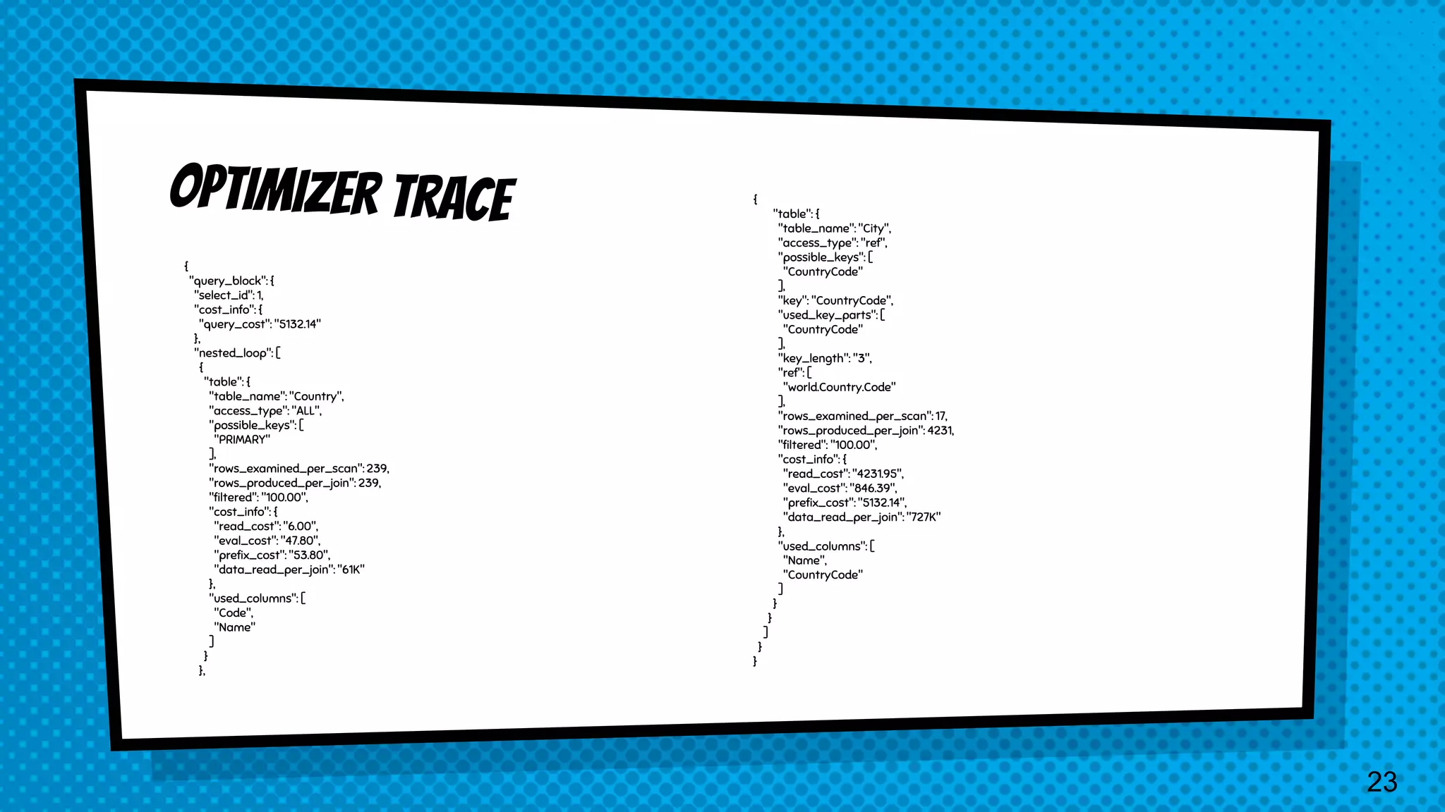 { "query_block": { "select_id": 1, "cost_info": { "query_cost": "5132.14" }, "nested_loop": [ { "table": { "table_name": "Country", "access_type": "ALL", "possible_keys": [ "PRIMARY" ], "rows_examined_per_scan": 239, "rows_produced_per_join": 239, "filtered": "100.00", "cost_info": { "read_cost": "6.00", "eval_cost": "47.80", "prefix_cost": "53.80", "data_read_per_join": "61K" }, "used_columns": [ "Code", "Name" ] } }, { "table": { "table_name": "City", "access_type": "ref", "possible_keys": [ "CountryCode" ], "key": "CountryCode", "used_key_parts": [ "CountryCode" ], "key_length": "3", "ref": [ "world.Country.Code" ], "rows_examined_per_scan": 17, "rows_produced_per_join": 4231, "filtered": "100.00", "cost_info": { "read_cost": "4231.95", "eval_cost": "846.39", "prefix_cost": "5132.14", "data_read_per_join": "727K" }, "used_columns": [ "Name", "CountryCode" ] } } ] } } 23 