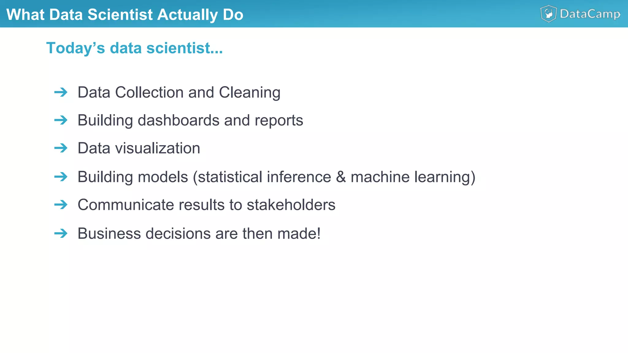 What Data Scientist Actually Do
➔  Data Collection and Cleaning
➔  Building dashboards and reports
➔  Data visualization
➔  Building models (statistical inference & machine learning)
➔  Communicate results to stakeholders
➔  Business decisions are then made!
Today’s data scientist...
 
