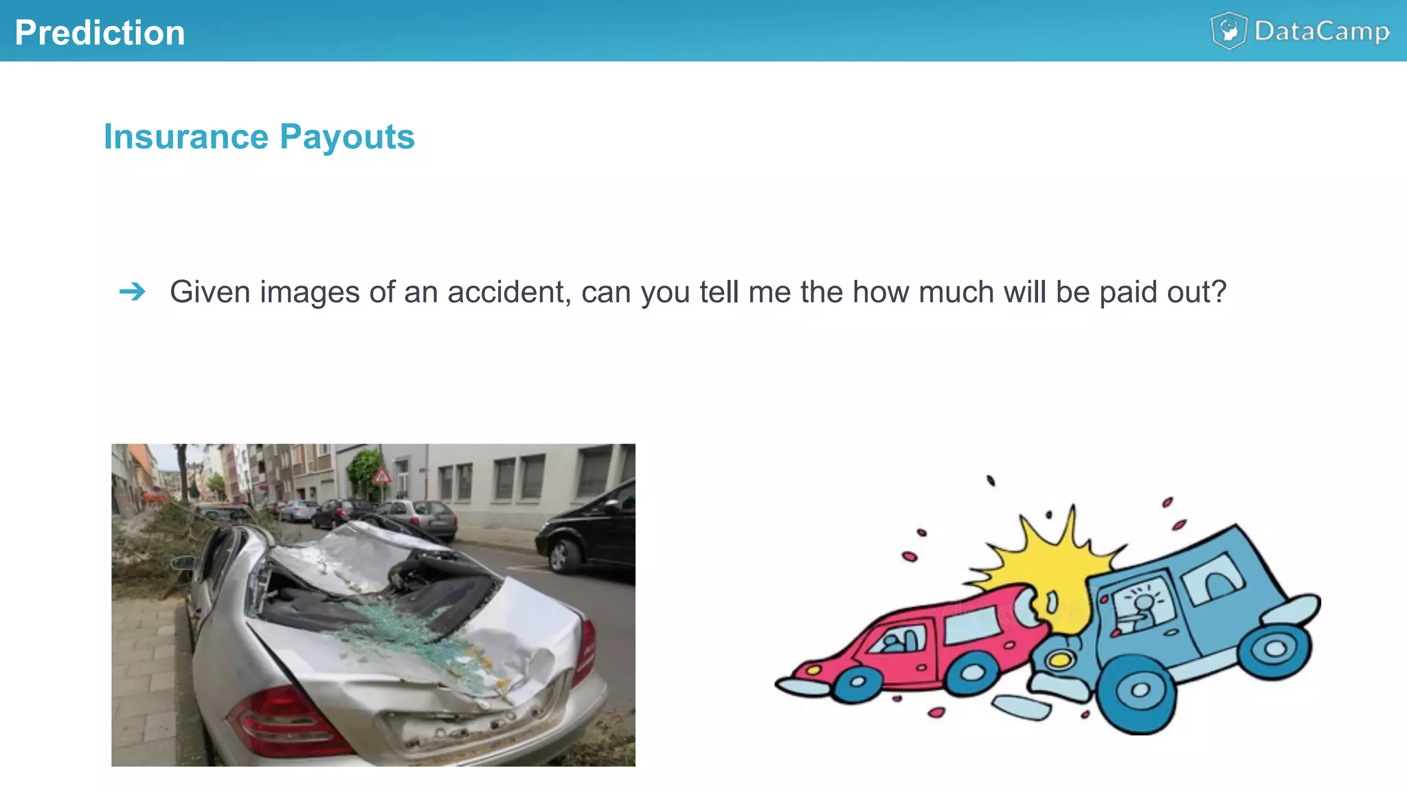 Prediction
➔  Given images of an accident, can you tell me the how much will be paid out?
Insurance Payouts
 