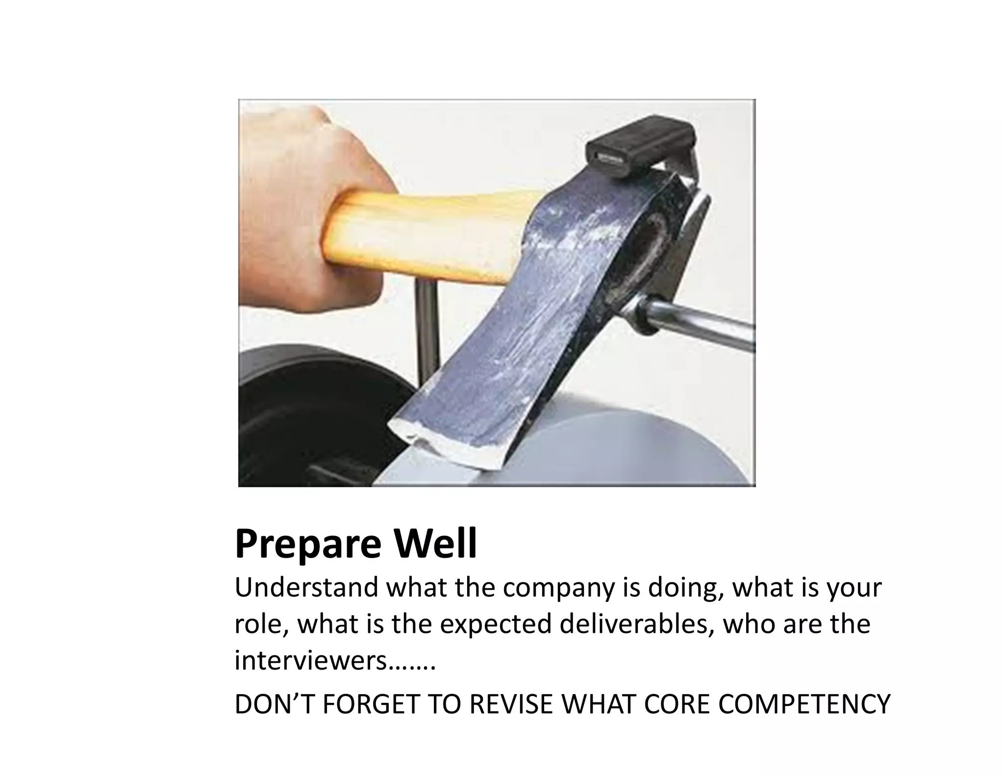 Prepare Well
Understand what the company is doing, what is your
role, what is the expected deliverables, who are the
interviewers…….
DON’T FORGET TO REVISE WHAT CORE COMPETENCY
 