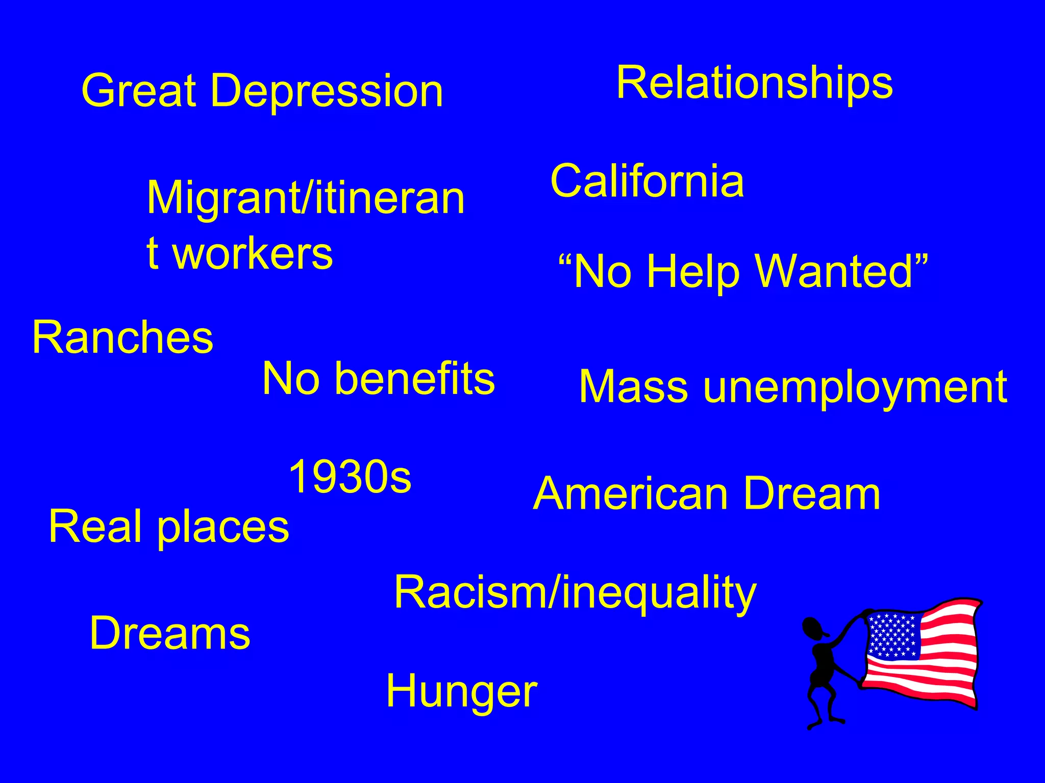 Great Depression
California
Relationships
Mass unemployment
Migrant/itineran
t workers
1930s
Racism/inequality
Dreams
Real places
“No Help Wanted”
Ranches
No benefits
Hunger
American Dream
 