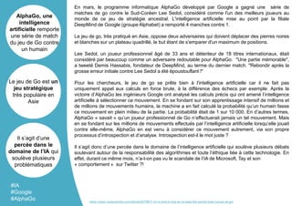 En mars, le programme informatique AlphaGo développé par Google a gagné une série de
matches de go contre le Sud-Coréen Lee Sedol, considéré comme l'un des meilleurs joueurs au
monde de ce jeu de stratégie ancestral. L'intelligence artificielle mise au point par la filiale
DeepMind de Google (groupe Alphabet) a remporté 4 manches contre 1.
Le jeu de go, très pratiqué en Asie, oppose deux adversaires qui doivent déplacer des pierres noires
et blanches sur un plateau quadrillé, le but étant de s'emparer d'un maximum de positions.
Lee Sedol, un joueur professionnel âgé de 33 ans et détenteur de 18 titres internationaux, était
considéré par beaucoup comme un adversaire redoutable pour AlphaGo. "Une partie mémorable",
a tweeté Demis Hassabis, fondateur de DeepMind, au terme du dernier match. "Rebondir après la
grosse erreur initiale contre Lee Sedol a été époustouflant !"
Pour les chercheurs, le jeu de go se prête bien à l'intelligence artificielle car il ne fait pas
uniquement appel aux calculs en force brute, à la différence des échecs par exemple. Après la
victoire d’AlphaGo les ingénieurs Google ont analysé les calculs précis qui ont amené l’intelligence
artificielle à sélectionner ce mouvement. En se fondant sur son apprentissage intensif de millions et
de millions de mouvements humains, la machine a en fait calculé la probabilité qu’un humain fasse
ce mouvement en plein milieu de la partie. La probabilité était de 1 sur 10 000. En d’autres termes,
AlphaGo « savait » qu’un joueur professionnel de Go n’effectuerait jamais un tel mouvement. Mais
en se fondant sur les millions de mouvements effectués par l’intelligence artificielle lorsqu’elle jouait
contre elle-même, AlphaGo en est venu à considérer ce mouvement autrement, via son propre
processus d’introspection et d’analyse. Introspection est-il le mot juste ?
Il s’agit donc d’une percée dans le domaine de l’intelligence artificielle qui soulève plusieurs débats
soulevant autour de la responsabilité des algorithmes et toute l’éthique liée à cette technologie. En
effet, durant ce même mois, n’a-t-on pas vu le scandale de l’IA de Microsoft, Tay et son
« comportement » sur Twitter ?!
AlphaGo, une
intelligence
artificielle remporte
une série de match
du jeu de Go contre
un humain
Le jeu de Go est un
jeu stratégique
très populaire en
Asie
Il s’agit d’une
percée dans le
domaine de l’IA qui
soulève plusieurs
problématiques
#IA
#Google
#AlphaGo https://www.newscientist.com/article/2079871-im-in-shock-how-an-ai-beat-the-worlds-best-human-at-go/
 