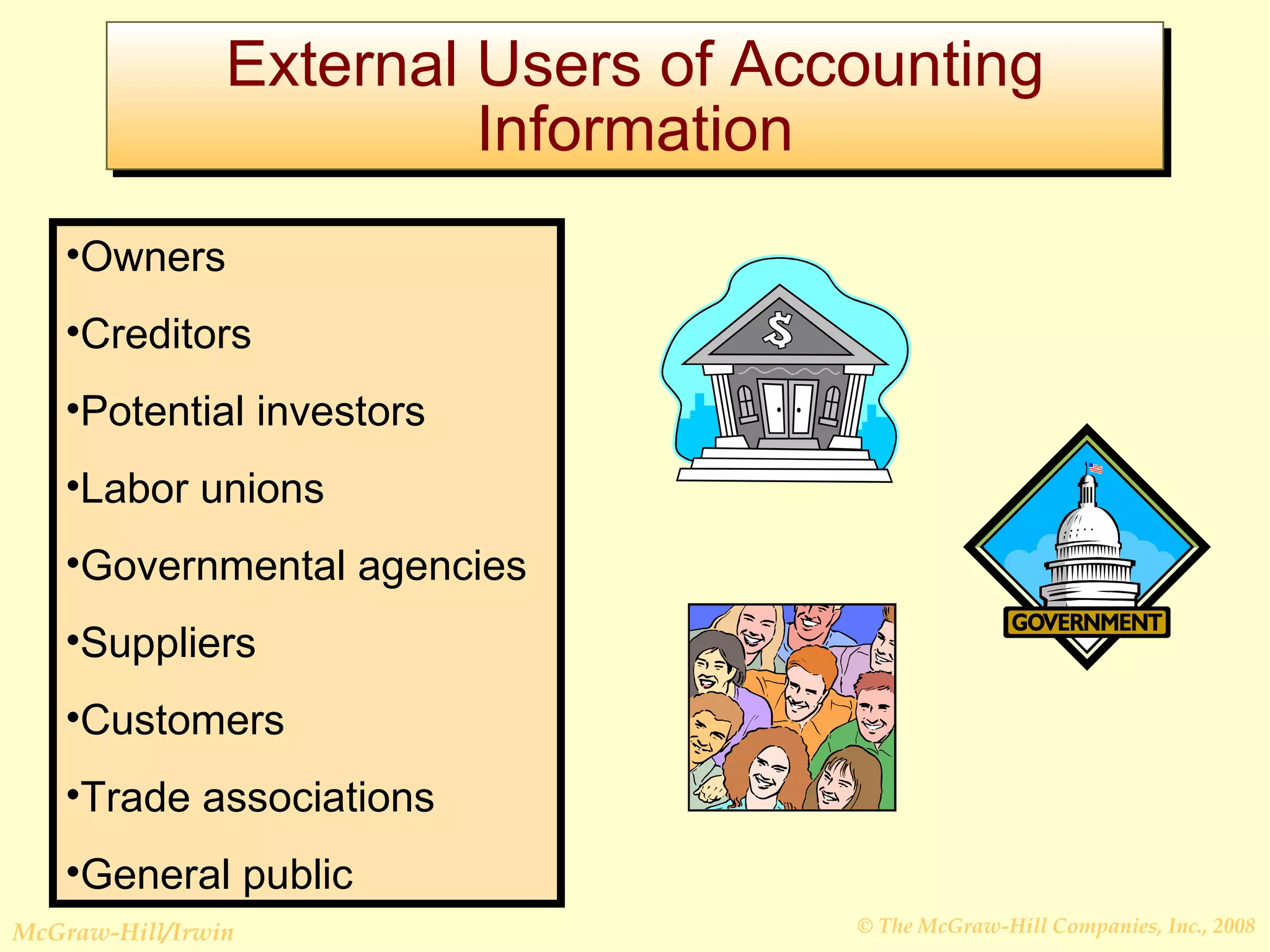 External Users of Accounting Information Owners Creditors Potential investors Labor unions Governmental agencies Suppliers Customers Trade associations General public 
