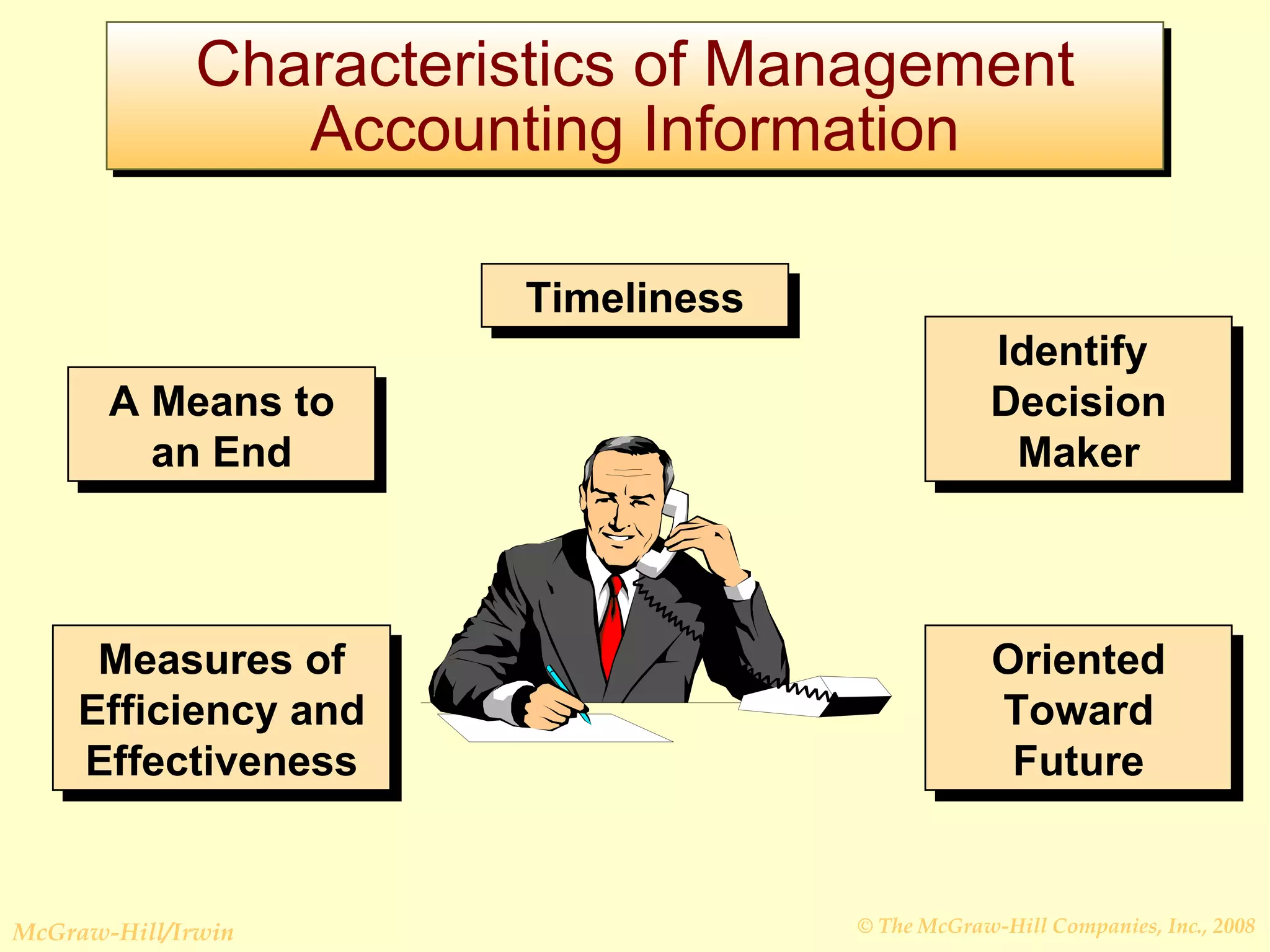 Characteristics of Management Accounting Information Timeliness Identify  Decision Maker Oriented Toward Future Measures of Efficiency and Effectiveness A Means to an End 