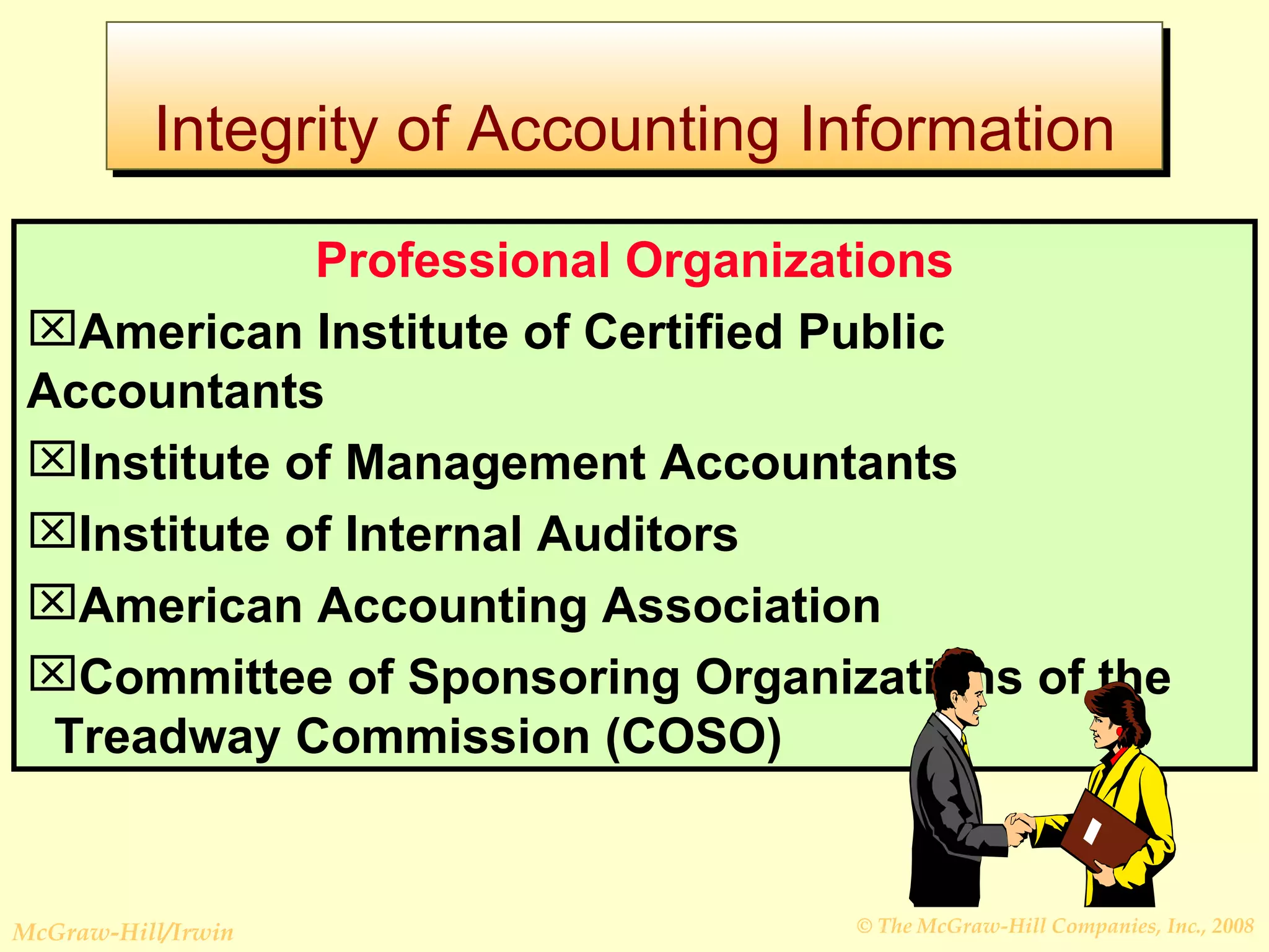 Integrity of Accounting Information Professional Organizations American Institute of Certified Public Accountants  Institute of Management Accountants Institute of Internal Auditors American Accounting Association Committee of Sponsoring Organizations of the    Treadway Commission (COSO) 