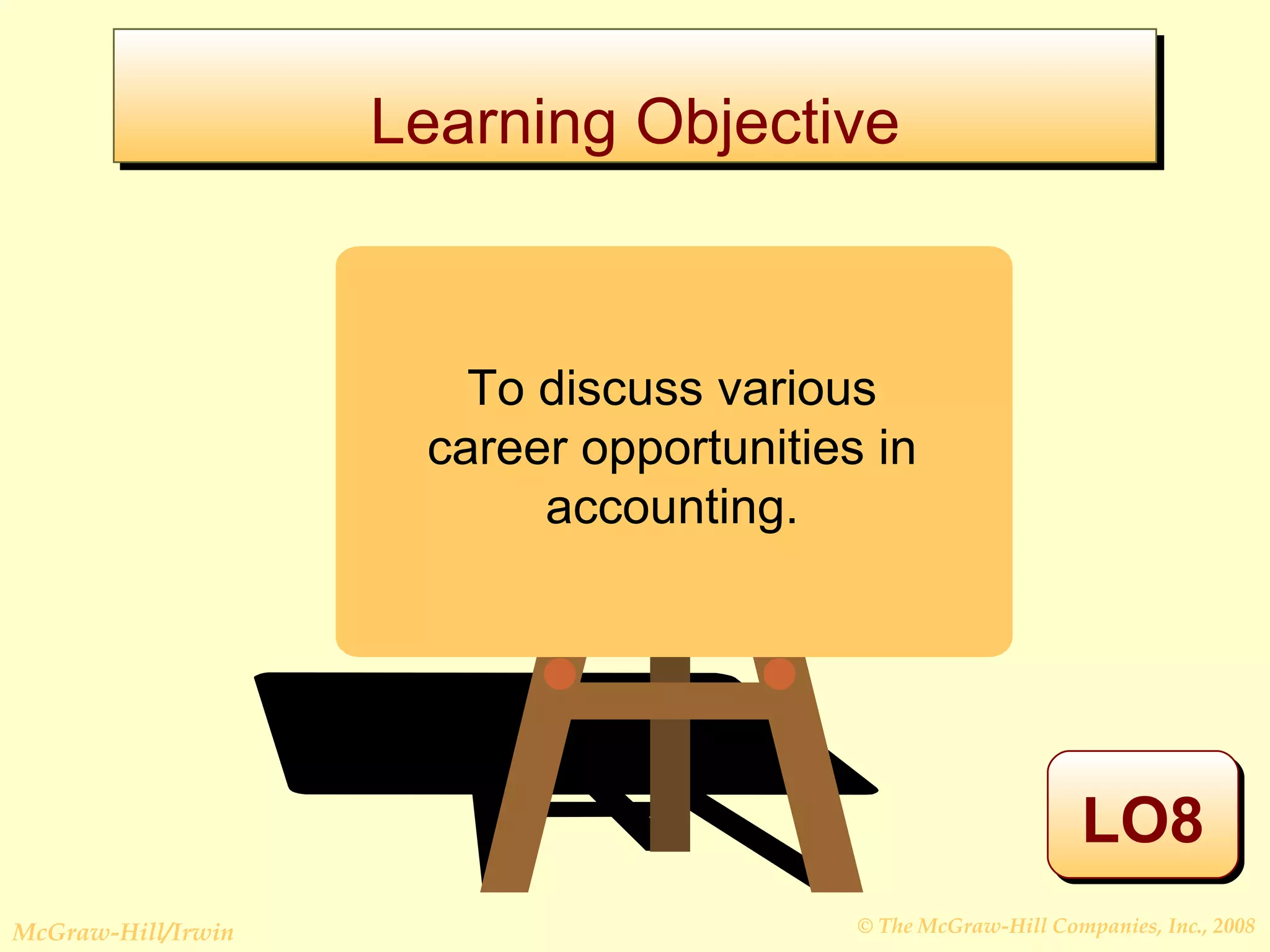 Learning Objective LO8 To discuss various career opportunities in accounting. 