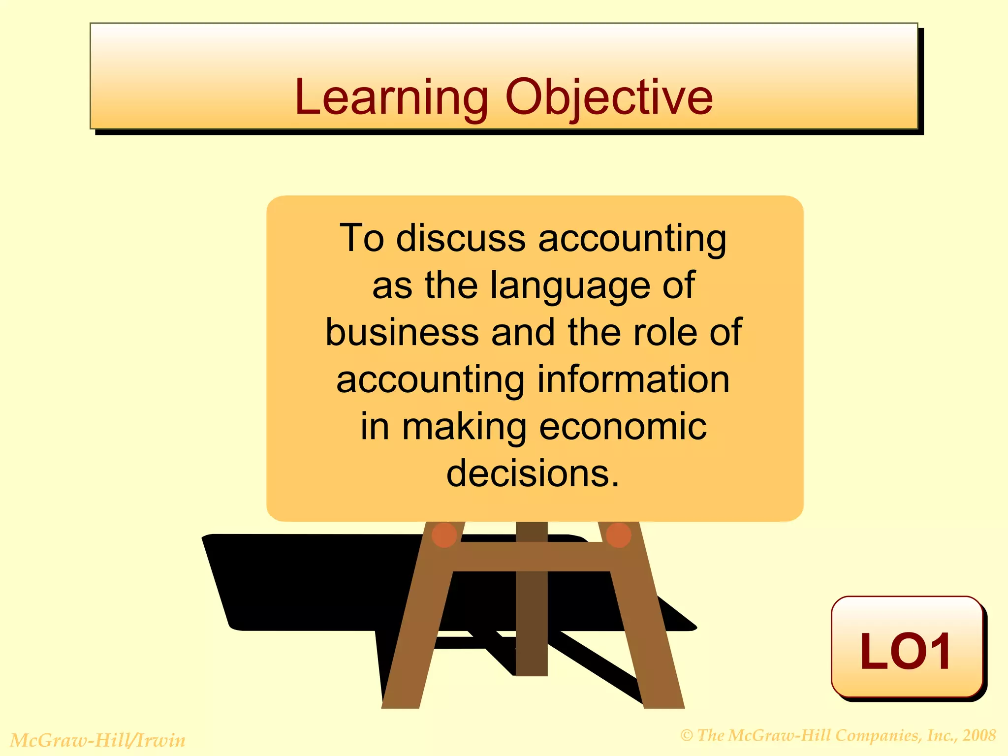 Learning Objective LO1 To discuss accounting as the language of business and the role of accounting information in making economic decisions. 