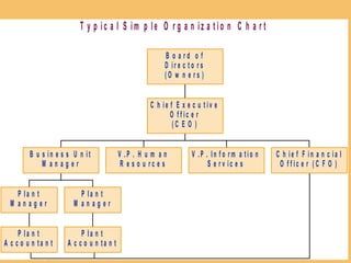 © The McGraw-Hill Companies, Inc., 2002McGraw-Hill/Irwin
T y p ic a l S im p le O r g a n iz a t io n C h a r t
P la n t
A c c o u n t a n t
P la n t
M a n a g e r
P la n t
A c c o u n t a n t
P la n t
M a n a g e r
B u s in e s s U n it
M a n a g e r
V .P . H u m a n
R e s o u r c e s
V .P . In f o r m a t io n
S e r v ic e s
C h ie f F in a n c ia l
O f f ic e r ( C F O )
C h ie f E x e c u t iv e
O f f ic e r
( C E O )
B o a r d o f
D ir e c t o r s
( O w n e r s )
 