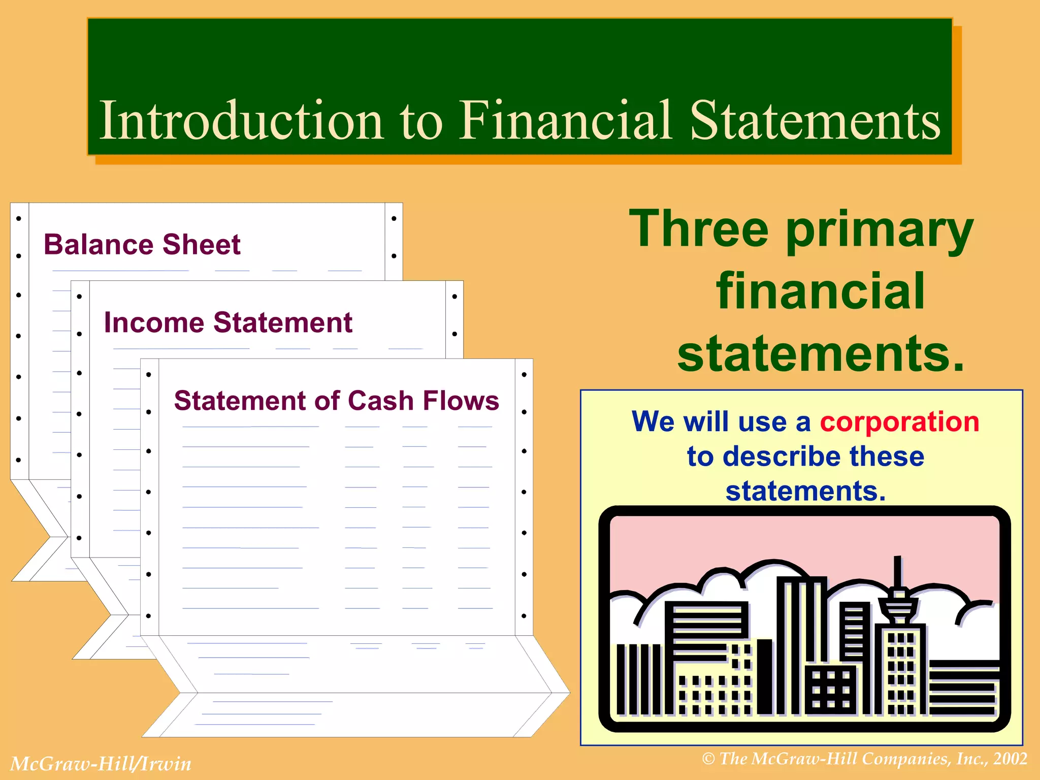 Introduction to Financial Statements Three primary financial statements. Income Statement Balance Sheet Statement of Cash Flows We will use a  corporation  to describe these statements. 