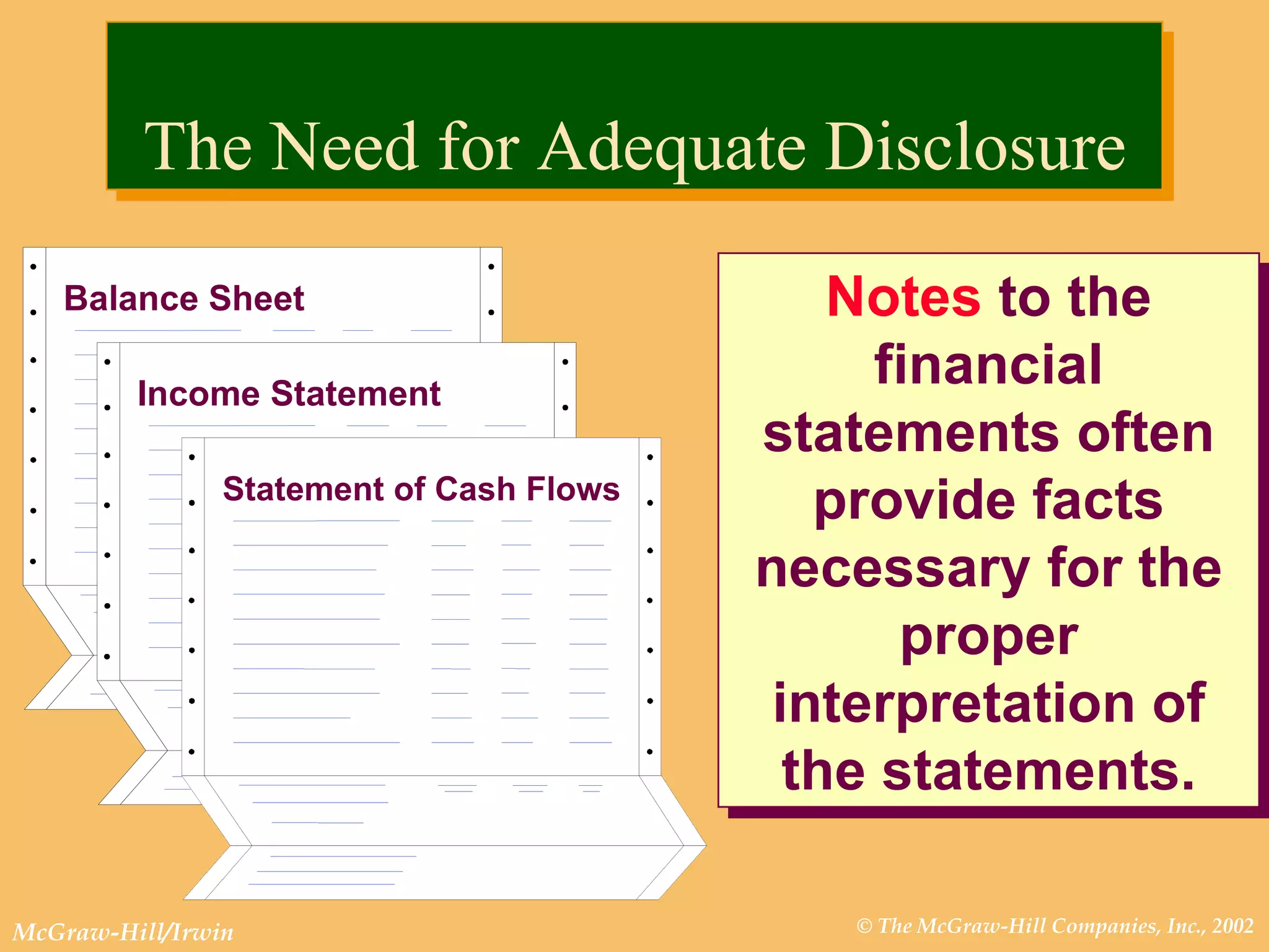 The Need for Adequate Disclosure Notes  to the financial statements often provide facts necessary for the proper interpretation of the statements. Income Statement Balance Sheet Statement of Cash Flows 