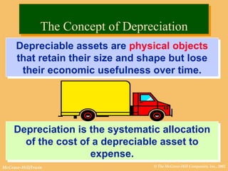 The Concept of Depreciation Depreciation is the systematic allocation of the cost of a depreciable asset to expense. Depreciable assets are  physical objects  that retain their size and shape but lose their economic usefulness over time. 