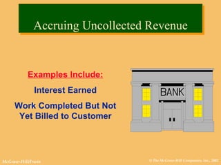 Accruing Uncollected Revenue Examples Include: Interest Earned Work Completed But Not Yet Billed to Customer 