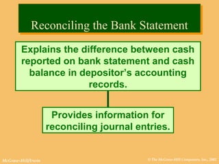 © The McGraw-Hill Companies, Inc., 2002McGraw-Hill/Irwin
Reconciling the Bank StatementReconciling the Bank Statement
Explains the difference between cash
reported on bank statement and cash
balance in depositor’s accounting
records.
Provides information for
reconciling journal entries.
 