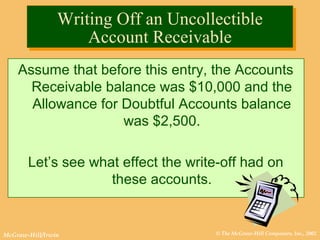 © The McGraw-Hill Companies, Inc., 2002McGraw-Hill/Irwin
Writing Off an Uncollectible
Account Receivable
Writing Off an Uncollectible
Account Receivable
Assume that before this entry, the Accounts
Receivable balance was $10,000 and the
Allowance for Doubtful Accounts balance
was $2,500.
Let’s see what effect the write-off had on
these accounts.
 
