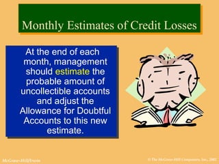 © The McGraw-Hill Companies, Inc., 2002McGraw-Hill/Irwin
Monthly Estimates of Credit LossesMonthly Estimates of Credit Losses
At the end of each
month, management
should estimate the
probable amount of
uncollectible accounts
and adjust the
Allowance for Doubtful
Accounts to this new
estimate.
At the end of each
month, management
should estimate the
probable amount of
uncollectible accounts
and adjust the
Allowance for Doubtful
Accounts to this new
estimate.
 