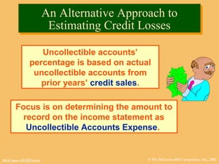 © The McGraw-Hill Companies, Inc., 2002McGraw-Hill/Irwin
An Alternative Approach to
Estimating Credit Losses
An Alternative Approach to
Estimating Credit Losses
Uncollectible accounts’
percentage is based on actual
uncollectible accounts from
prior years’ credit sales.
Focus is on determining the amount to
record on the income statement as
Uncollectible Accounts Expense.
 