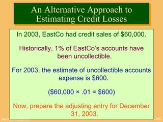 © The McGraw-Hill Companies, Inc., 2002McGraw-Hill/Irwin
An Alternative Approach to
Estimating Credit Losses
An Alternative Approach to
Estimating Credit Losses
In 2003, EastCo had credit sales of $60,000.
Historically, 1% of EastCo’s accounts have
been uncollectible.
For 2003, the estimate of uncollectible accounts
expense is $600.
($60,000 × .01 = $600)
Now, prepare the adjusting entry for December
31, 2003.
 