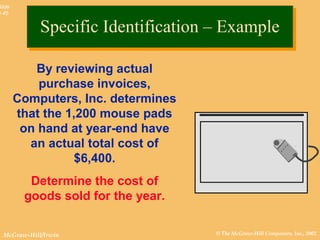 © The McGraw-Hill Companies, Inc., 2002McGraw-Hill/Irwin
Slide
8-45
By reviewing actual
purchase invoices,
Computers, Inc. determines
that the 1,200 mouse pads
on hand at year-end have
an actual total cost of
$6,400.
Determine the cost of
goods sold for the year.
Specific Identification – ExampleSpecific Identification – Example
 
