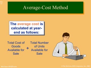 © The McGraw-Hill Companies, Inc., 2002McGraw-Hill/Irwin
Slide
8-47
Total Cost of
Goods
Available for
Sale
Total Number
of Units
Available for
Sale
÷
The average cost is
calculated at year-
end as follows:
The average cost is
calculated at year-
end as follows:
Average-Cost MethodAverage-Cost Method
 