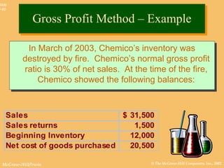 © The McGraw-Hill Companies, Inc., 2002McGraw-Hill/Irwin
Slide
8-60
In March of 2003, Chemico’s inventory was
destroyed by fire. Chemico’s normal gross profit
ratio is 30% of net sales. At the time of the fire,
Chemico showed the following balances:
In March of 2003, Chemico’s inventory was
destroyed by fire. Chemico’s normal gross profit
ratio is 30% of net sales. At the time of the fire,
Chemico showed the following balances:
Sales 31,500$
Sales returns 1,500
Beginning Inventory 12,000
Net cost of goods purchased 20,500
Gross Profit Method – ExampleGross Profit Method – Example
 